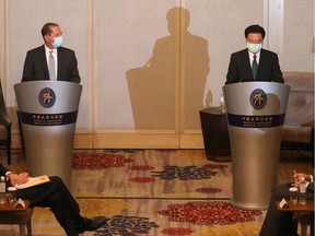 U.S. Secretary of Health and Human Services Alex Azar and Taiwan's Foreign Minister Joseph Wu hold a news conference in Taipei in August.