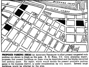 Map showing five blocks of downtown Vancouver that were to be razed for parking lots in a 1946 plan by R.H. Riley. The blocks are blacked out. The map ran in the Jan. 24, 1946 Vancouver Sun.