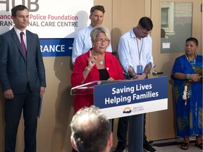 Judy Darcy, minister of Mental Health and Addictions, speaks on July 17, 2018, at the opening of the St. Paul's Hospital HUB, a centre that will have up to 10 beds dedicated to rapid assessment, treatment and stabilization for some of the 11,000 patients that the hospital treats annually for mental-health and/or substance-abuse issues.