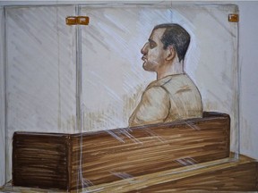 Reza Moazami is shown the prisoner's box in a Vancouver court, Sept.25, 2013 in this court drawing.
