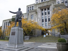 Capt. George Vancouver statue at Vancouver city hall on Nov. 4, 2020. For Dan Fumano. Credit: Mike Bell/PNG [PNG Merlin Archive]