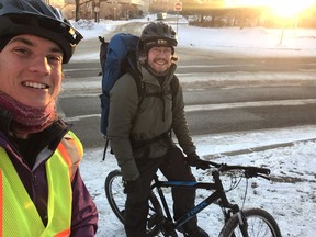 Iliajah Pidskalny (left, with his friend Matthew Speirs, who rode with him on Day 1) leaving Saskatoon to head west on New Year's Day. Pidskalny is riding to Vancouver to raise money for and increase the awareness of Canada's drug-overdose crisis and harm reduction.