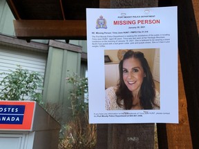 Posters for missing Port Moody woman Trina Hunt remain posted all over the Heritage Woods neighbourhood, where she went missing on Jan. 18.