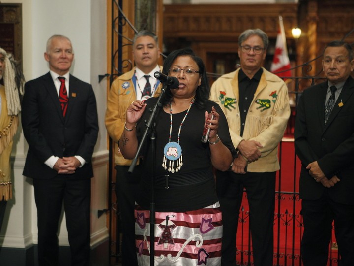  First Nations Speaker Cheryl Casimer speaks at a press conference in Victoria in 2019.