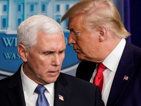 U.S. Vice President Mike Pence (left) and U.S. President Donald Trump at a White House news conference in February 2020.
