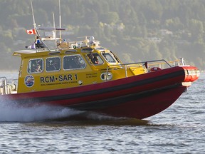 The Transportation Safety Board of Canada says a “misinterpretation of navigational information” led to a crash and injuries to the crew of a Royal Canadian Marine Search and Rescue vessel near Sooke two years ago. A file photo of a similar boat is shown here.  Royal Canadian Marine Search and Rescue on patrol RCM-SAR 1 in English Bay.