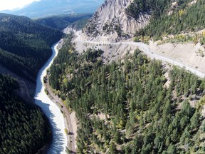 Aerial photo of Highway 1 in Kicking Horse Canyon