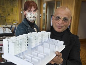 Project designer Chris Doray and Peter Wall Institute for Advanced Studies trustee Sonya Wall with a model of a proposed 250-unit building for homeless people that Peter Wall is proposing to build in the DTES. The project is called Vancouver Together A Peter Wall Project. So far, the City of Vancouver has not responded to the proposal.