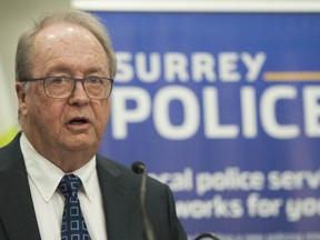 Surrey Mayor Doug McCallum, pictured earlier this year, is the driving force behind a Surrey municipal police department, which was a centrepiece of his 2018 election platform.