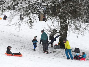 Alerts were issued just before 5 a.m. Sunday, warning of between 2 to 15 centimetres of snow across the south coast between Sunday to Monday. On Jan. 24, 2021, residents are pictured enjoying the snow at Burnaby Mountain Park.