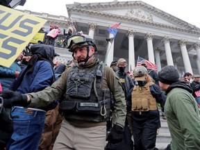 Members of the Oath Keepers are seen among supporters of U.S. President Donald Trump at the U.S. Capitol during a protest against the certification of the 2020 U.S. presidential election results by the U.S. Congress, in Washington on Jan. 6, 2021.