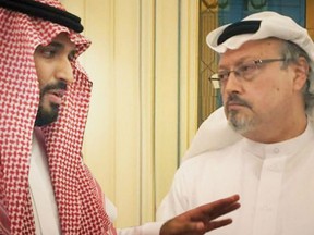Saudi Crown Prince Mohammed bin Salman with Jamal Khashoggi in a scene from 'The Dissident'.