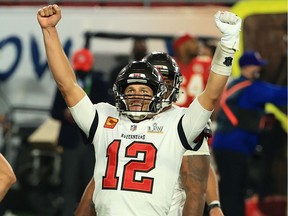 Tom Brady of the Tampa Bay Buccaneers celebrates winning Super Bowl LV against the Kansas City Chiefs at Raymond James Stadium on Feb. 7 in Tampa, Fla.