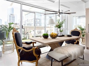 Regency-inspired dining chairs, in this apartment design by Kalu Interiors