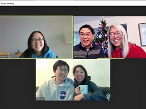 Kin Cheng with members of his family in a Zoom meeting.