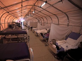 An overflow tent at an Apple Valley, Calif., hospital which was overrun by the spike in COVID cases in the state.
