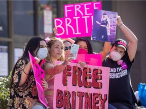 Supporters of singer Britney Spears gather outside a courthouse as a judge hears the singer's temporary conservatorship case during the outbreak of the coronavirus disease (COVID-19) in Los Angeles, California, U.S., February 11, 2021.