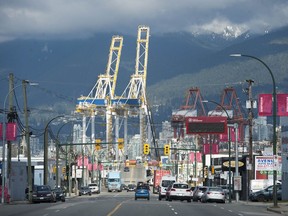 Port of Vancouver's Burrard Inlet south shore as seen down Clark Drive in Vancouver.