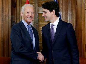 Canada's Prime Minister Justin Trudeau shakes hands with U.S. Vice President Joe Biden during a meeting in Trudeau's office on Parliament Hill in Ottawa, Ontario, Canada, December 9, 2016.