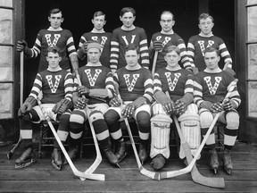 The 1913-14 Vancouver Millionaires. From left, back: Smokey Harris, Sibby Nichols, Pete Muldoon, Cyclone Taylor and Chuck Clarke. From left, front row: Rusty Lynn, Si Griffis, Frank Patrick, Allan Parr and Frank Nighbor.