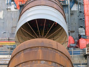 The Unit 2 penstock is being prepared for installation of the flexible coupling in February at the Site C dam construction project near Fort St. John.