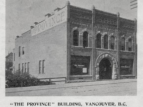 The original Vancouver headquarters of The Province newspaper at 148 West Hastings St. in 1898 from a Souvenir Edition of The Daily Province that was published in that year. The building, which was constructed in 1895-96, is still there at 138-142 West Hastings, but the facade is totally different.