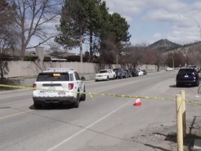 The street scene near where a man was targeted in a shooting in Kelowna on Monday. Several sources confirm the victim was Kyle Gianis, who has survived earlier murder attempts.