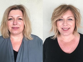 Helen Karas is self-employed and felt it was time to invest in herself at the age of 52 with a fresh new look. On the left is Helen before her makeover by Nadia Albano, on the right is her after. Photo: Nadia Albano. For Nadia Albano's makeover column on April 11, 2021.