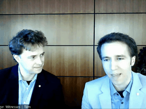 Marc Kielburger, left, and Craig Kielburger appear as witnesses via videoconference during a House of Commons finance committee in Ottawa on Tuesday, July 28, 2020.