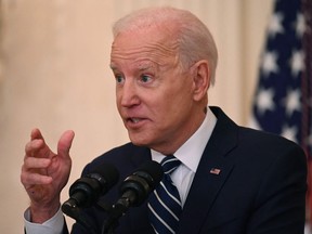 U.S. President Joe Biden speaks at a press conference in the East Room of the White House in Washington, D.C., on March 25, 2021.