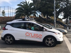 A Cruise self-driving car, which is owned by General Motors Corp., is seen outside the company's headquarters in San Francisco where it does most of its testing, on Sept. 26, 2018.