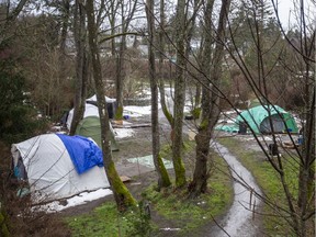Homeless camp in Cecilia Ravine Park in Victoria.