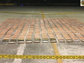 Rows of cocaine bricks found at a clandestine airstrip in Colombia's north.