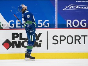 Vancouver Canucks forward Adam Gaudette (96) celebrates his goal against the Montreal Canadiens in the third period at Rogers Arena. Canucks won 2-1 in an overtime shootout.