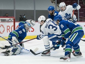 Vancouver Canucks goalie Thatcher Demko makes a save on Toronto Maple Leafs forward Auston Matthews in the third period at Rogers Arena on March 4. Canucks won 3-1.