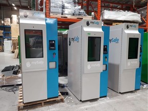 MySafe Verified Identity Dispensers are shown in this undated handout photo.  The machines are akin to ATMs and allow drug users at risk of overdose to get hydromorphone pills dispensed to them after their palm has been scanned to identify its unique vein pattern.