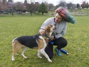 Adamina Carden and her dog Atarau at China Creek North Park Saturday, March 27, 2021. Carden has started a petition asking for more off-leash dog parks in Vancouver.