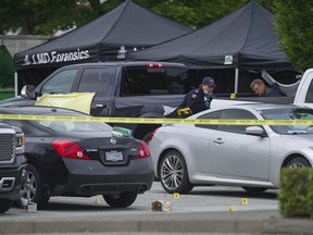 Langley RCMP and IHIT investigators at the scene of a fatal overnight shooting at the Browns Social House on 200th Street in Langley in June 2017. Tyler Pastuck was killed and Kyle Gianis survived the gangland hit.