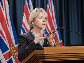 Dr. Bonnie Henry at the podium during a COVID-19 news conference March 1, 2021.