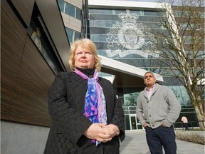 Surrey councillors Brenda Locke and Jack Hundial in front of RMCP Detachment in Surrey, BC, March 2, 2021.