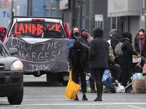 FILE PHOTO: Anti-pipeline protesters block the intersection at E Hastings St. and Clark Dr. in Vancouver  on March 3, 2021.