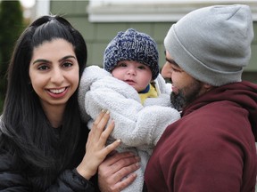Japleen Gill, with baby Jeevan and her husband, Gaurav, at home in Vancouver on March 4.