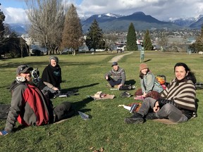 VANCOUVER, B.C.: March 11, 2021 -- Undated Handout  of proponents of a new "urban food forest" in Burrard View Park in Hasting-Sunrise neighbourhood Vancouver. Pictured, from left to right, Brandon Bauer, Marie-Pierre Bilodeau, Omri Haiven, Zoe Beynon-MacKinnon and Luis Almazan. (Submitted). For Sue Lazaruk story [PNG Merlin Archive]