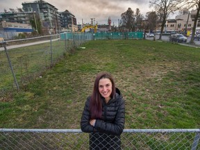 Serena Eagland in front of lot at West 8th and Arbutus in Vancouver.