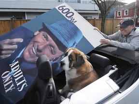 Postmedia News reporter John Mackie and Bernadette the St. Bernard with a Frank Sinatra poster given to him by Dal Richards' wife Muriel, in Vancouver on March 17.