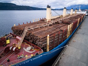 A ship loaded with raw logs sits docked in Port Alberni on Feb 24, 2017.