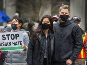 Former Vancouver mayor Gregor Robertson and his wife Eileen Park at an anti-Asian hate rally at the Vancouver Art Gallery in Vancouver, BC, March 28, 2021.