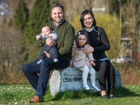 Liberal leadership contender Gavin Dew, wife Erin Shum and kids Abby, 2, and Evan, four months, at Falaise Park in Vancouver on March 29.