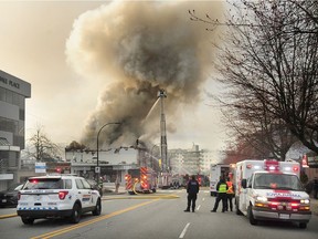 North Vancouver Fire Department battle a fire at the Duke of Connaught Lodge No. 64, also called the North Vancouver Masonic Centre, in a heritage building located at 1142 Lonsdale Avenue.