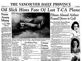 The front page of the April 29, 1947 Vancouver Daily Province, which was dominated by the news of a Trans-Canada Airlines flight that had disappeared.